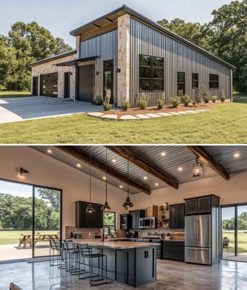 Modern metal building exterior and open-concept kitchen interior with black cabinetry and stainless steel appliances