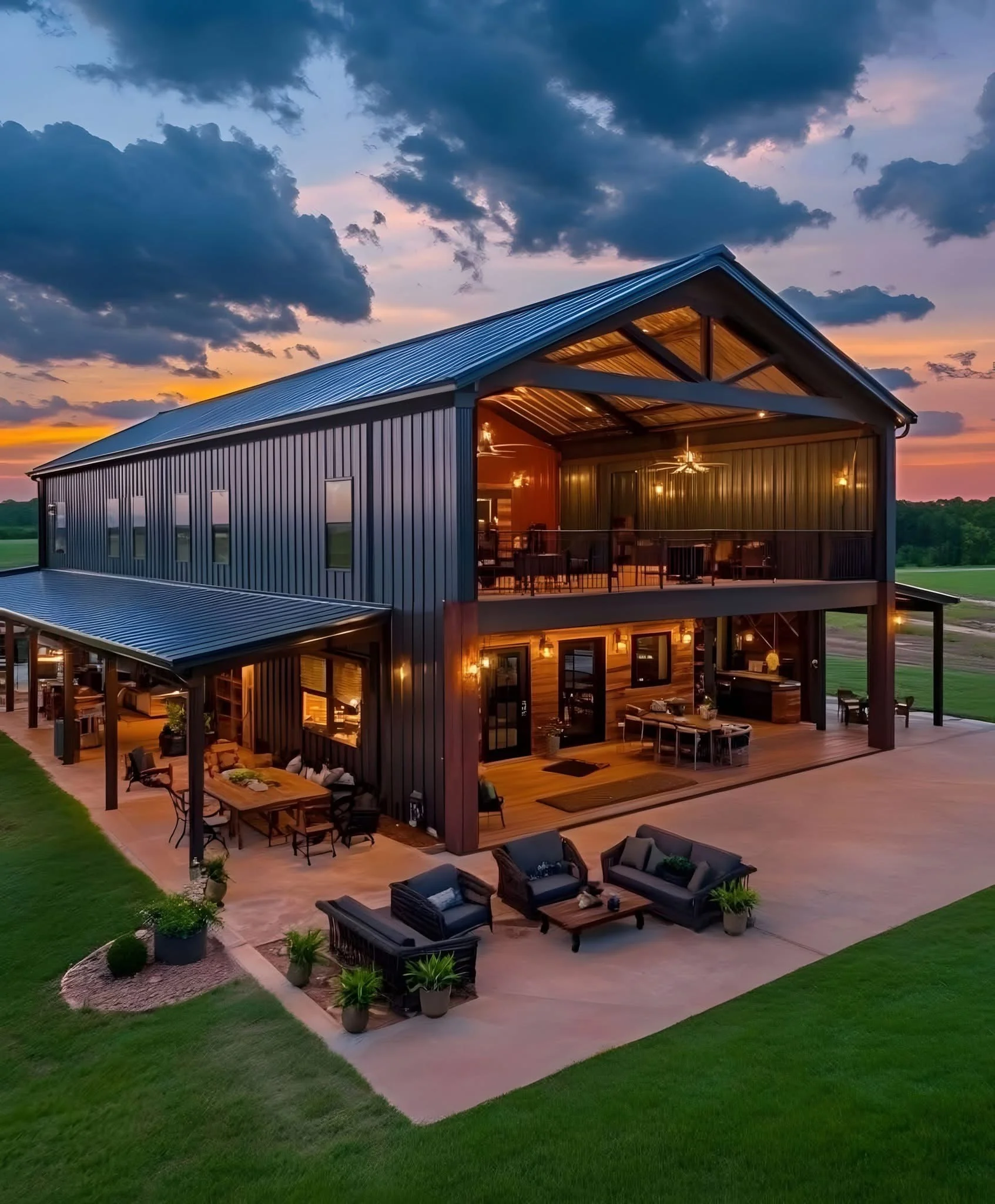 Two-story metal frame home with lit interior, covered decks, and patio seating at dusk