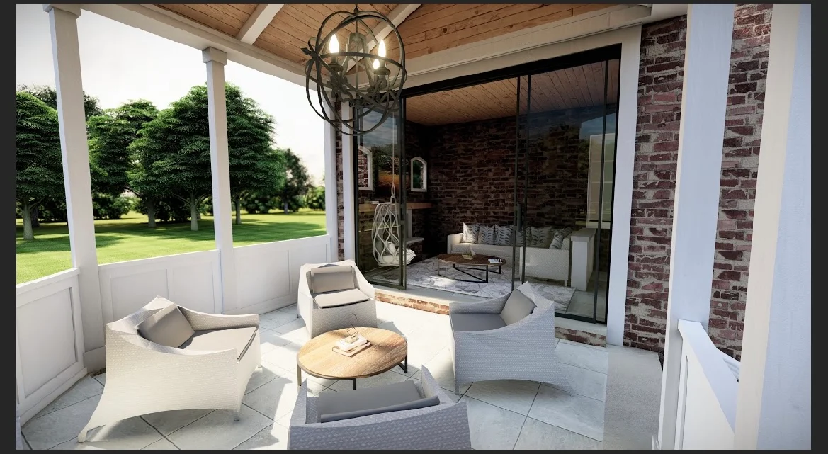 Covered patio with white columns, wood ceiling, and glass doors overlooking landscaped yard