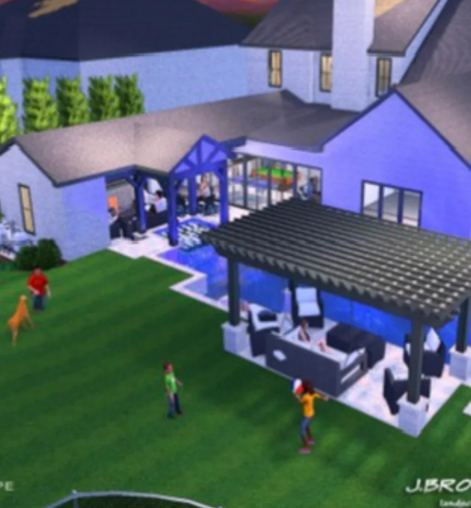 Aerial view of backyard with blue pergola, playground equipment, and manicured lawn