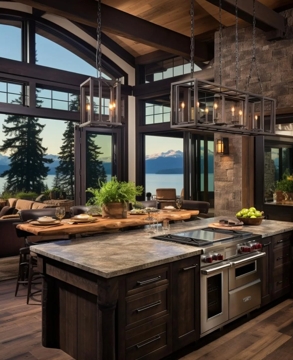 Modern kitchen with stone island, professional appliances, and panoramic lake views