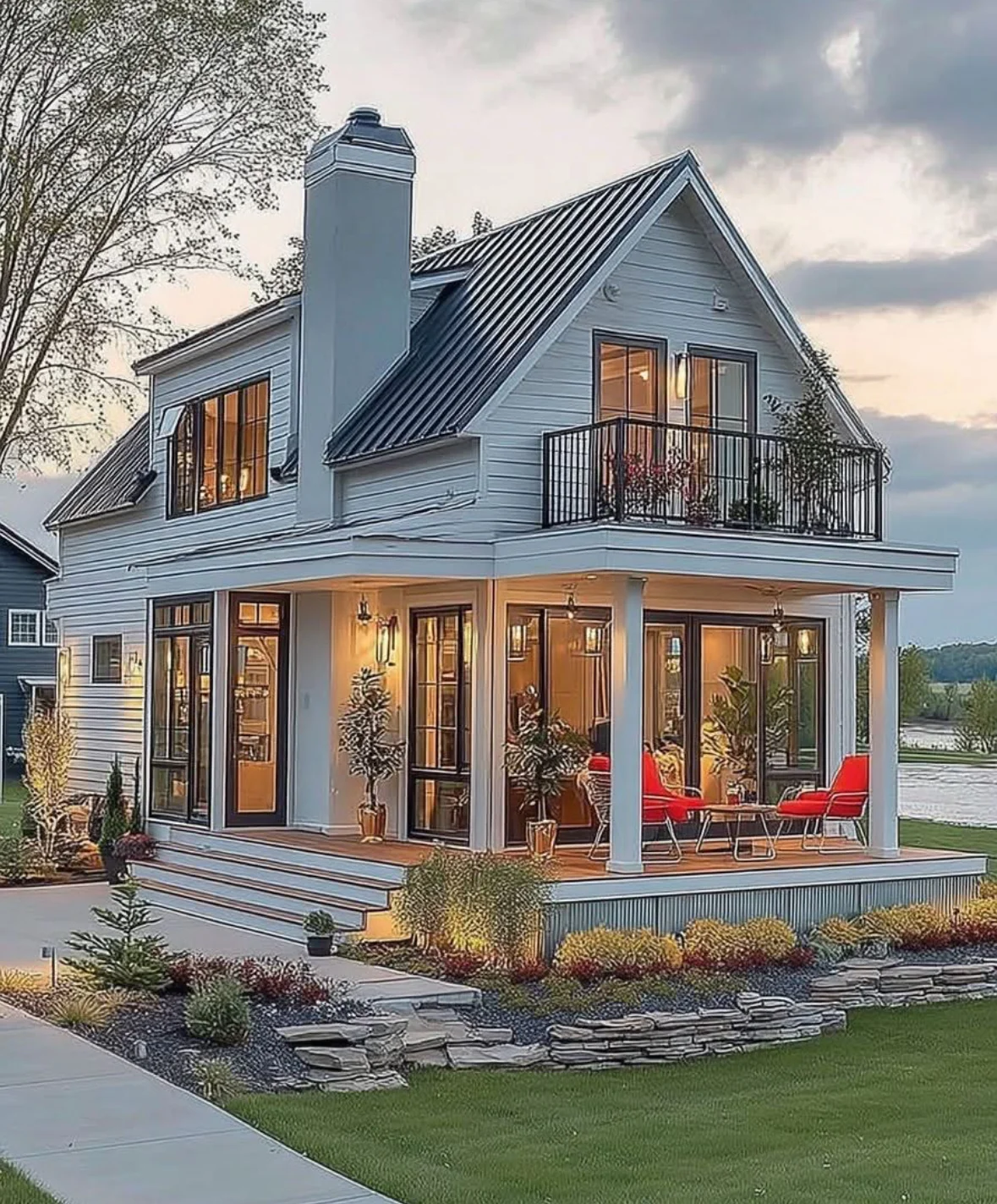 Modern farmhouse home addition with metal roof, covered porch, and waterfront views