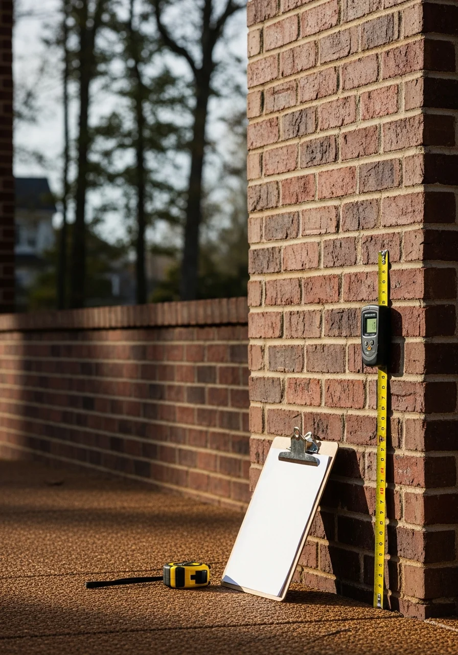 Close-up of professional technician in work uniform inspecting home exterior in Williamson County.