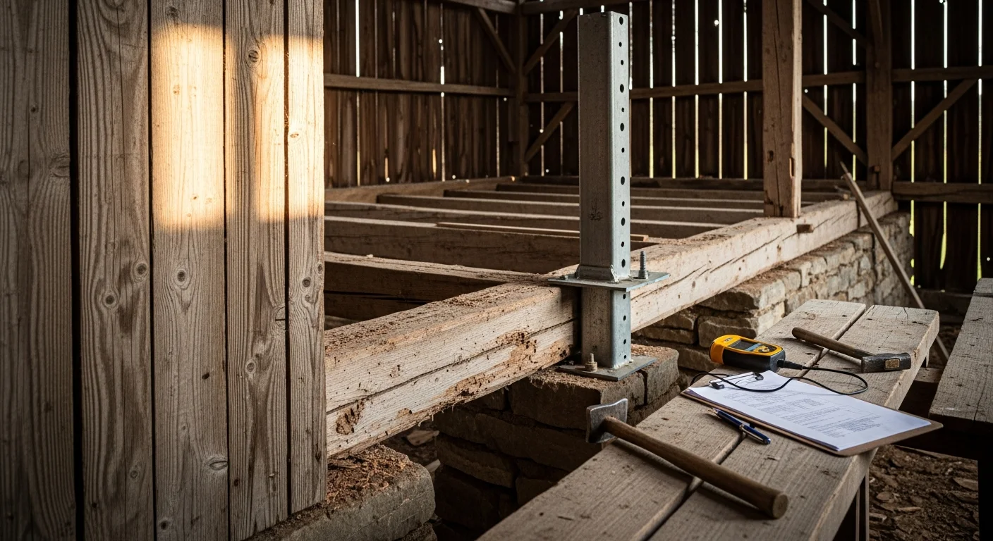 A weathered post-and-beam barn on a rural Williamson County, TN property with restored sill timbers and a repaired roof line. Close view shows original heavy timber framing with new structural repairs blended into the historic frame.