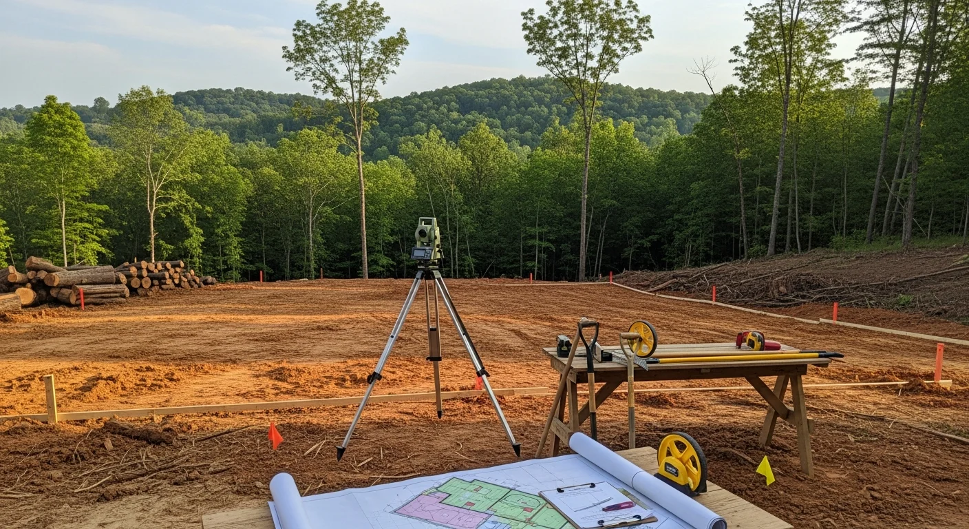 A well-maintained rural estate property in Williamson County, TN, showing a cleared site with repaired outbuildings and graded terrain managed by a building contractor. Exterior structures are in sound condition against a backdrop of rolling Tennessee hillside.