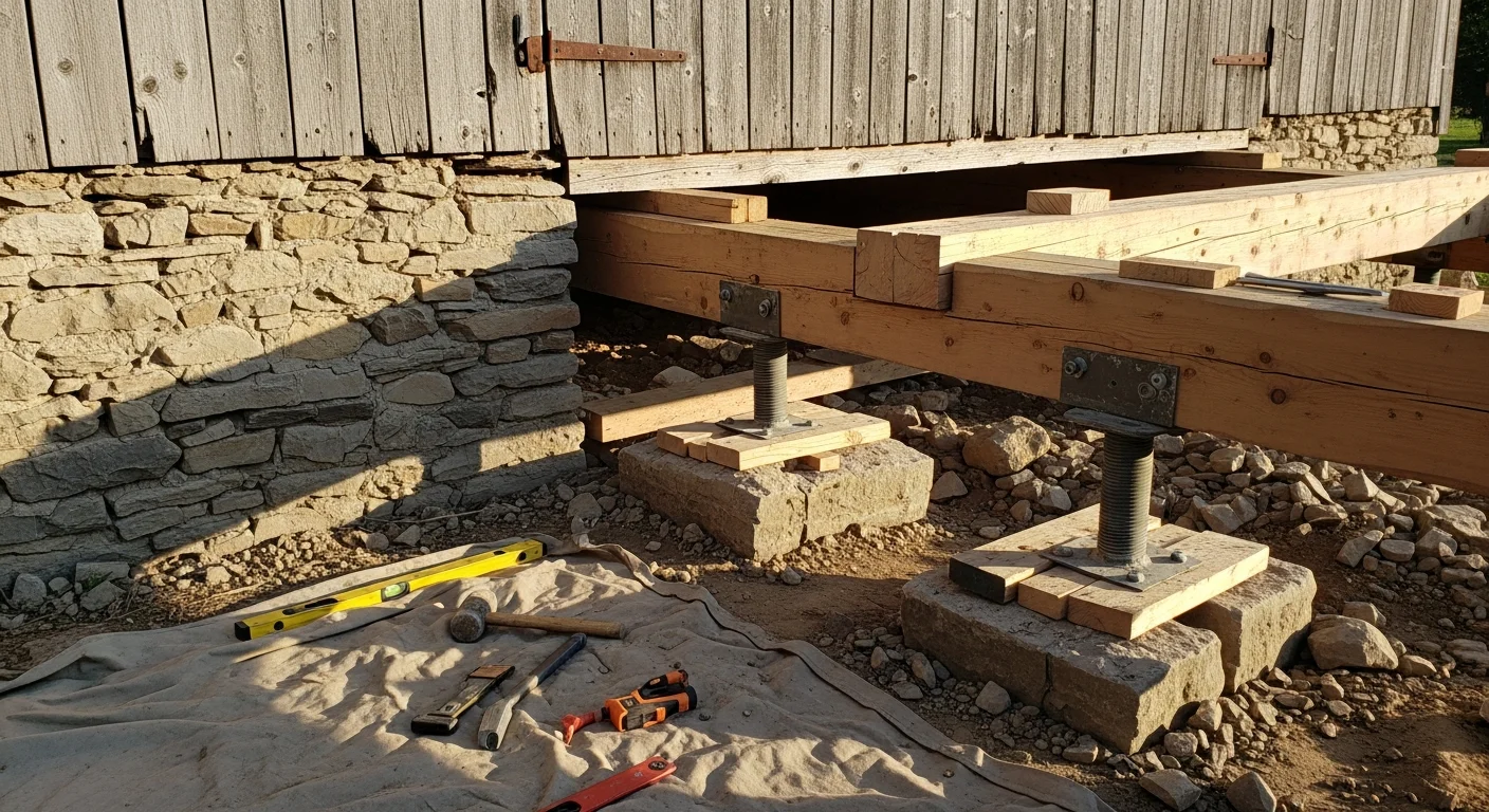 A historic timber-frame barn in Williamson County, Tennessee, with a stabilized stone foundation after underpinning repair. The base course is level and the sill logs sit flush, showing completed structural restoration work.