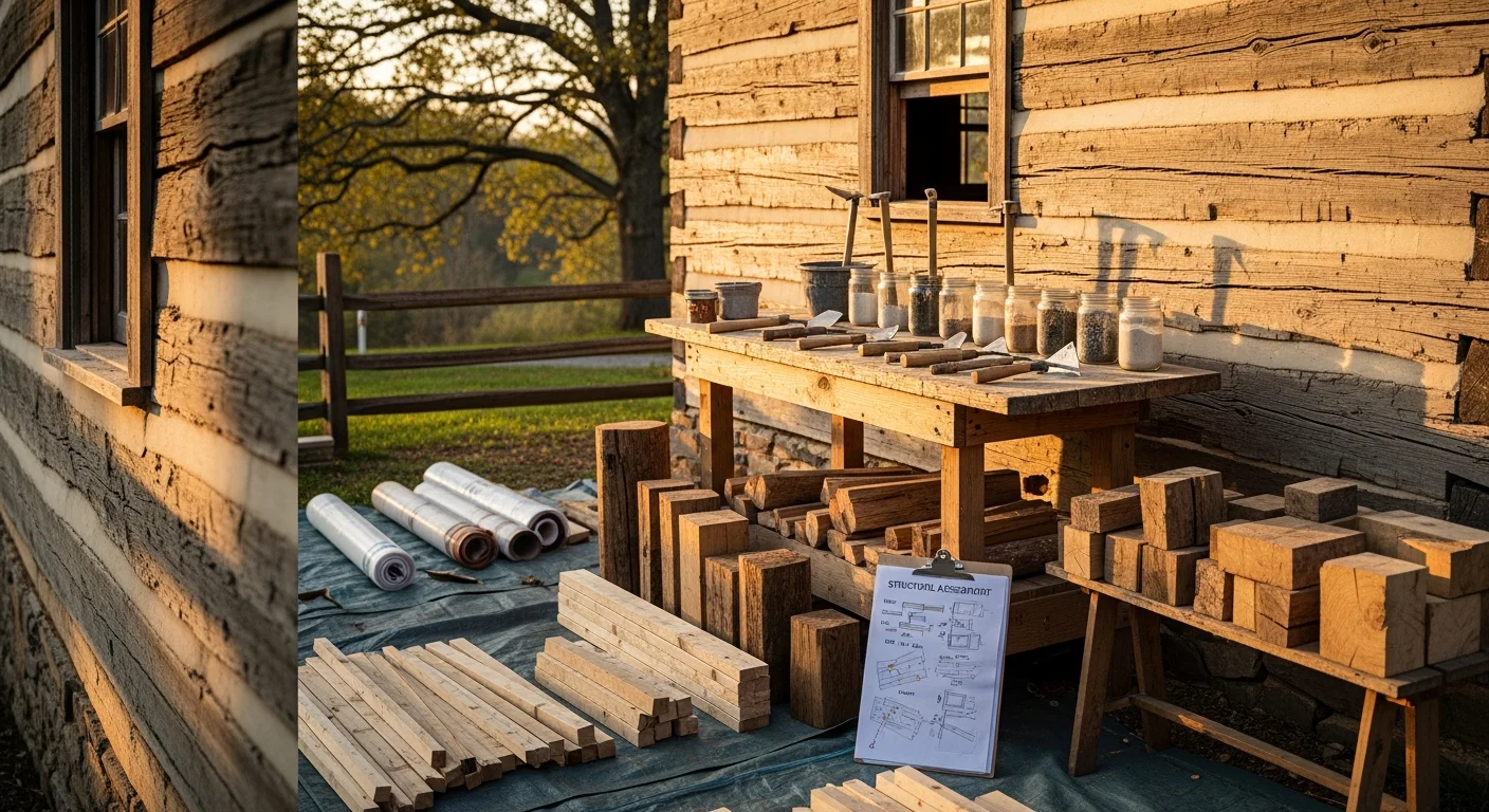 A restored early 1800s hand-hewn log cabin in Williamson County, Tennessee, with repaired chinking, a rebuilt stone foundation, and original timber framing preserved along the exterior walls. Backyard Boys Construction historic cabin renovation work shown on a rural wooded property.