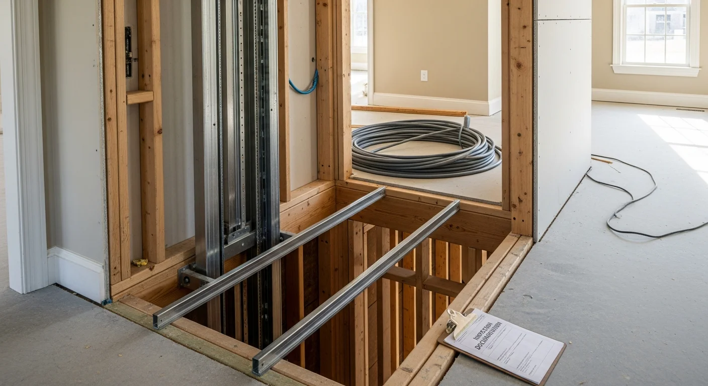 A newly installed residential home lift inside a two-story Williamson County, TN home, showing a clean shaft enclosure with finished interior walls and a landing door flush with the surrounding hardwood flooring. The lift cab is visible at the upper floor level with the door open, set within a framed hoistway built by Backyard Boys Construction.
