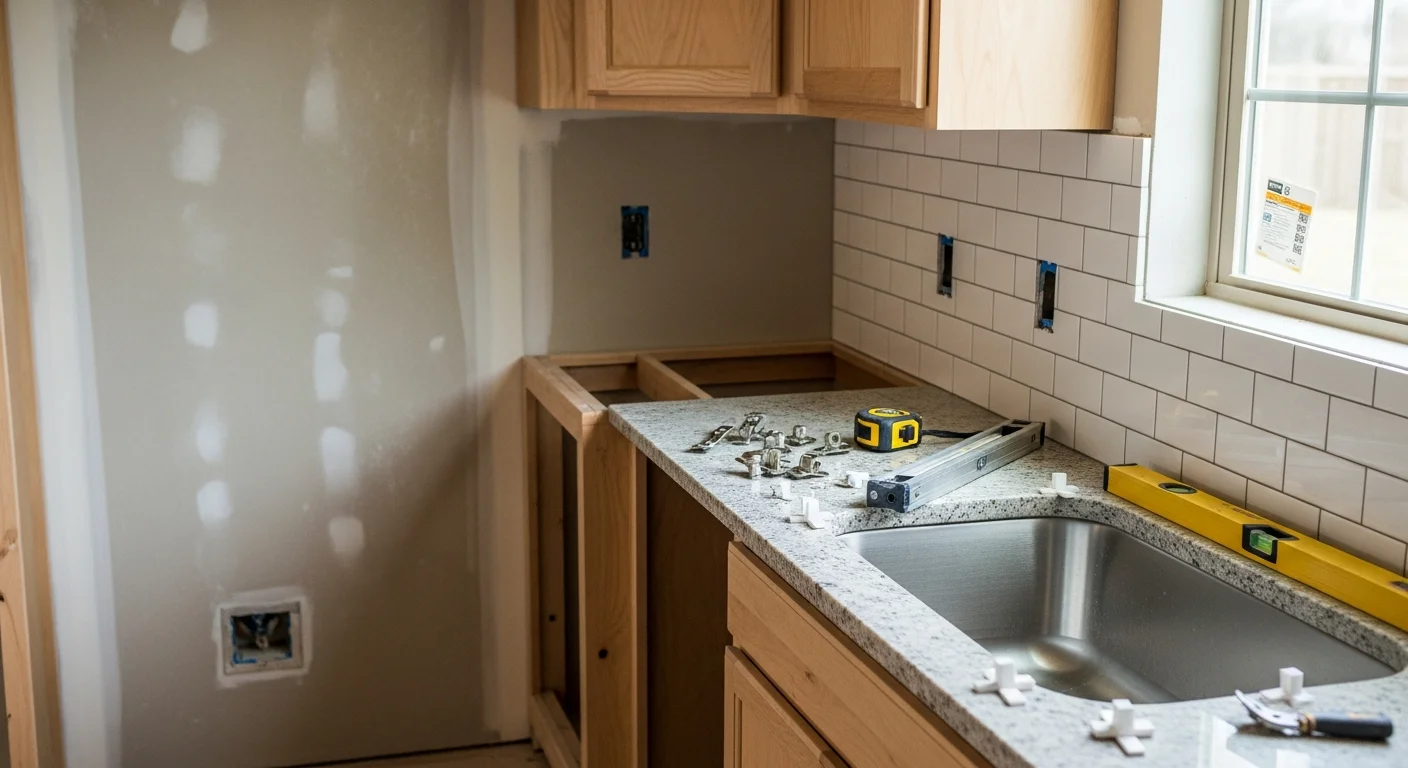 A finished kitchen remodel in a Williamson County, TN home showing updated cabinetry, new countertops, and reconfigured layout. The space reflects a practical, modern design suited to an active family household in Middle Tennessee.