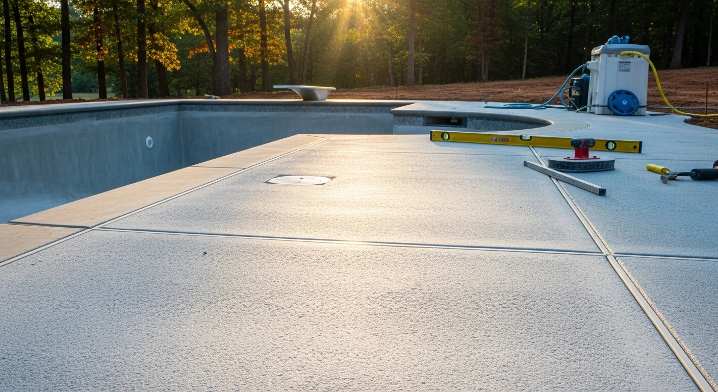 Renovated outdoor pool area at a Williamson County, TN residential property, showing resurfaced pool shell, updated coping, and a clean concrete deck with proper drainage slope. The surrounding landscape reflects a typical Middle Tennessee backyard setting with mature trees and a privacy fence.