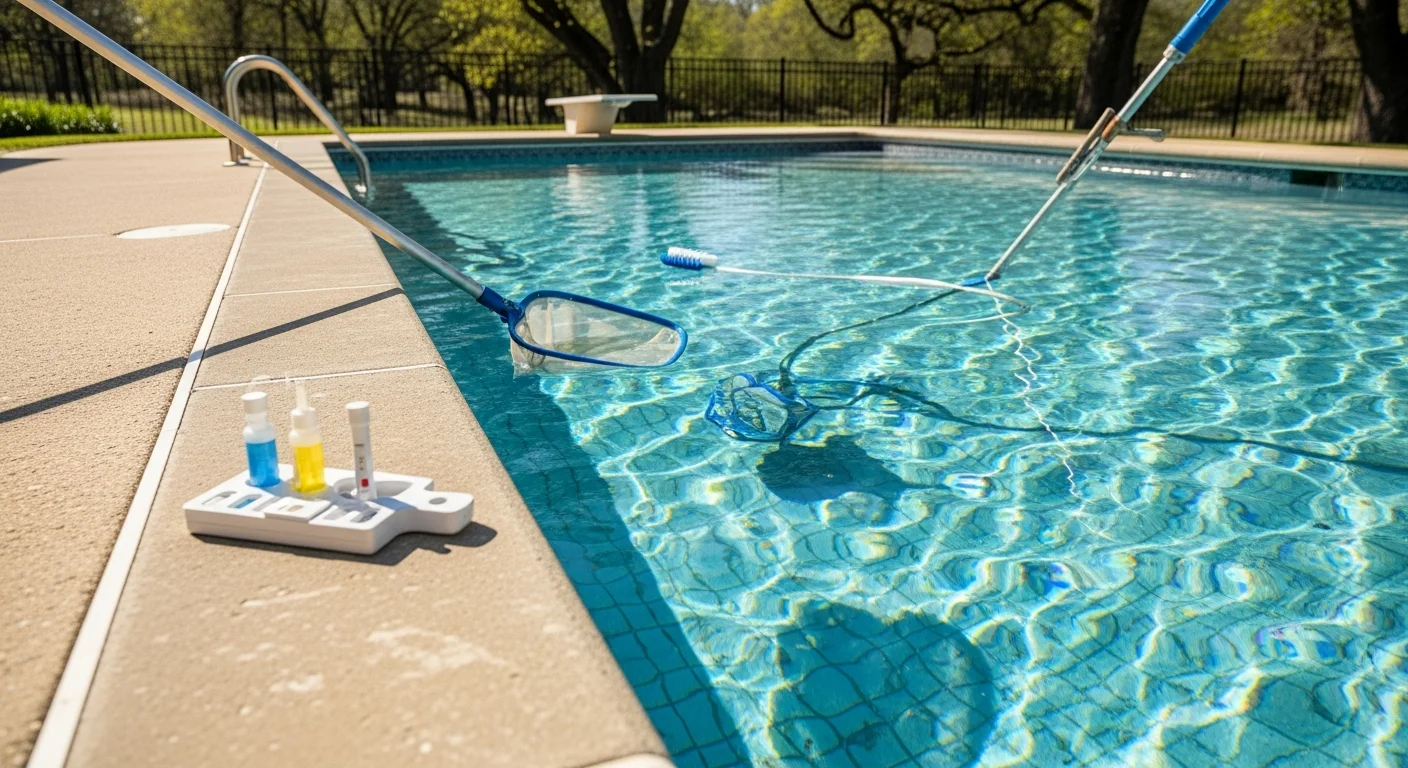 A clean, clear residential swimming pool in a Williamson County, TN backyard after professional maintenance service. A pool technician checks water chemistry and inspects equipment poolside on a sunny Tennessee afternoon.