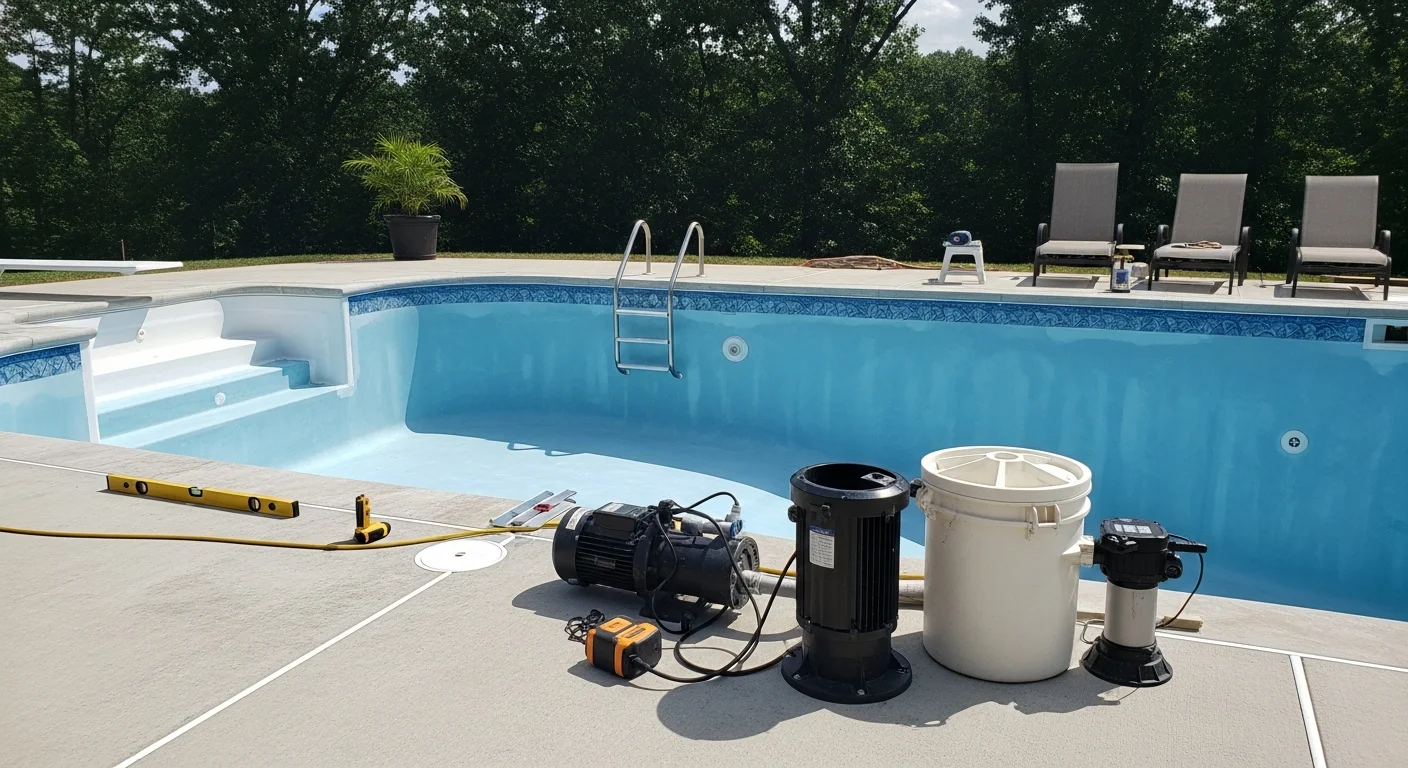 A remodeled in-ground pool with a fresh surface finish and updated coping in a residential backyard in Williamson County, TN. The pool deck shows clean stonework typical of Middle Tennessee properties in Franklin and Brentwood neighborhoods.