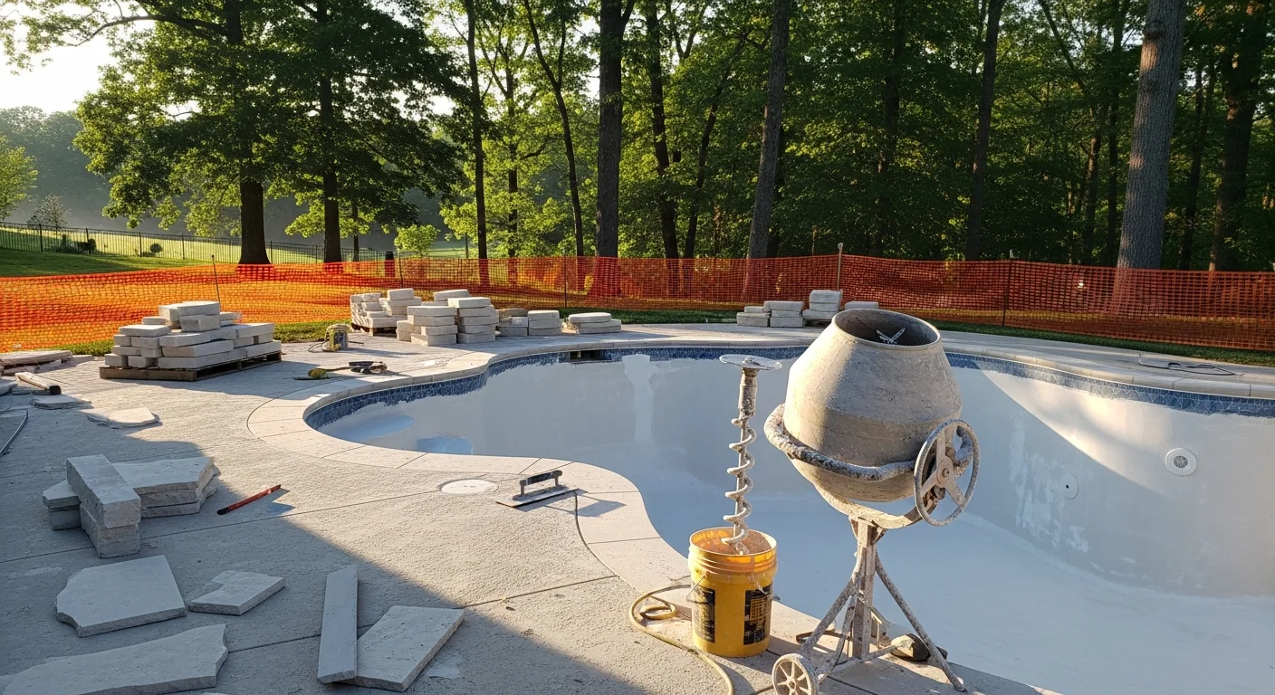 A renovated inground swimming pool with fresh resurfacing and repaired coping in a residential backyard in Williamson County, Tennessee. The updated pool deck and clean water line reflect completed renovation work by Backyard Boys Construction.