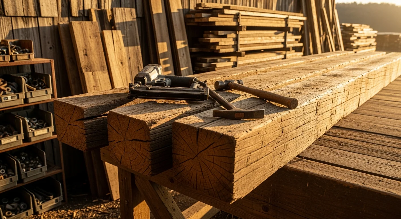 Weathered hand-hewn timber beams and barn board siding recovered from a historic structure in Williamson County, TN, sorted and staged on-site by Backyard Boys Construction. Close view shows original nail holes, aged grain, and authentic patina typical of pre-1900 Middle Tennessee farm buildings.