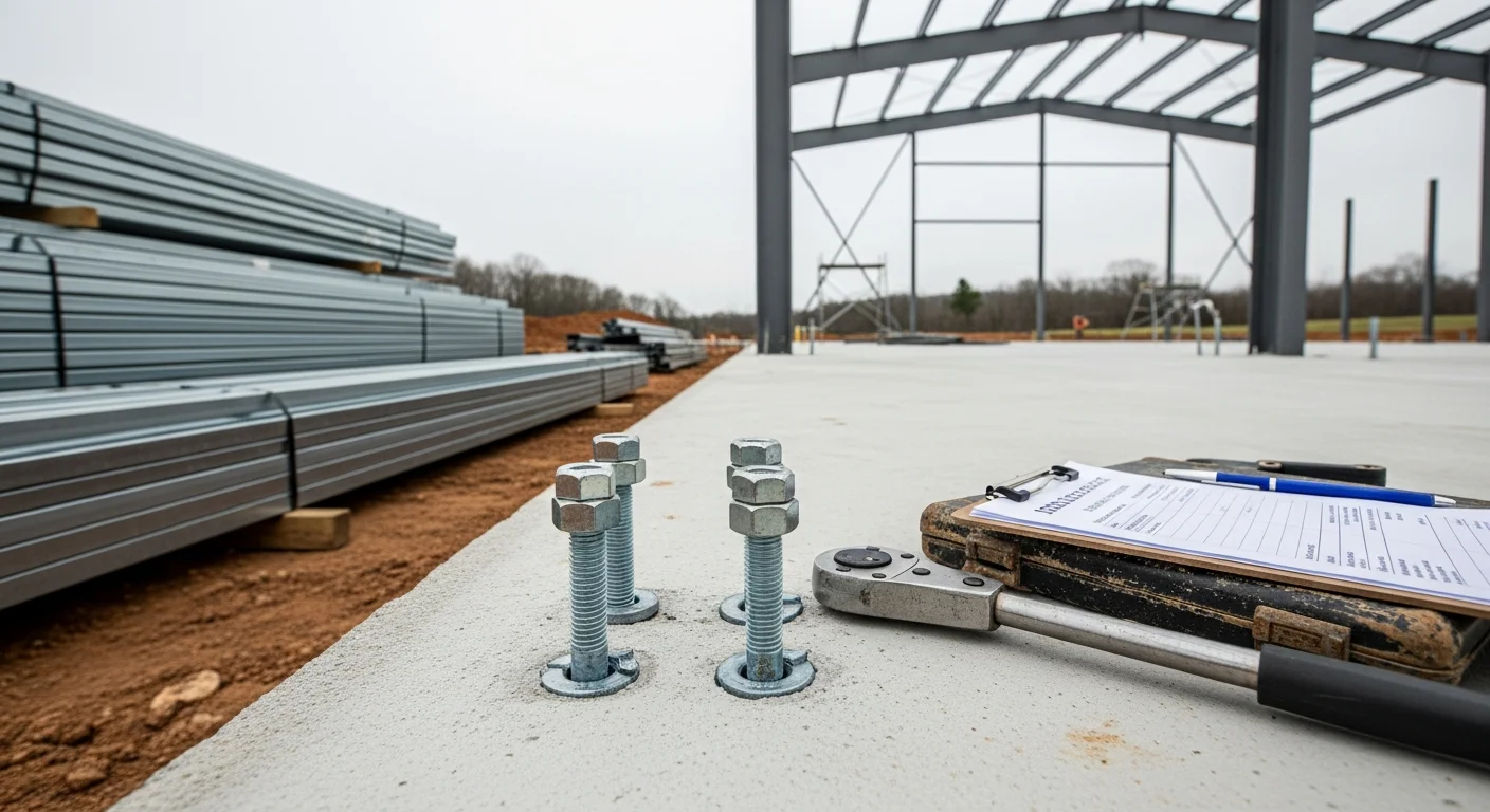 A steel building frame being erected on a rural property in Williamson County, Tennessee, with wall panels and roof purlins partially installed under a clear sky. A construction crew works at ground level and on the frame, with rolling Middle Tennessee terrain visible in the background.