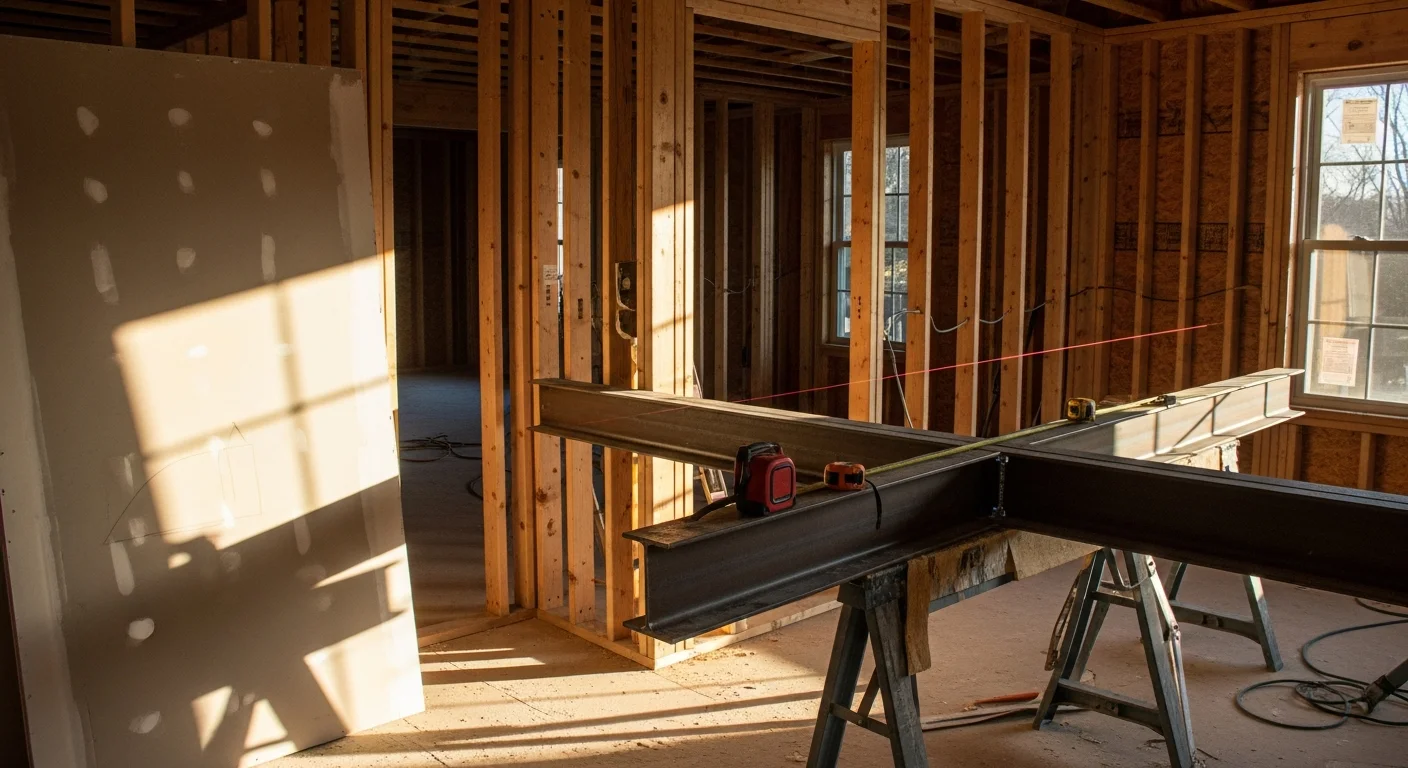 A Williamson County home interior showing a newly opened living space where a load-bearing wall was removed and replaced with a structural beam. Finished drywall and clean beam installation are visible where the wall once stood.