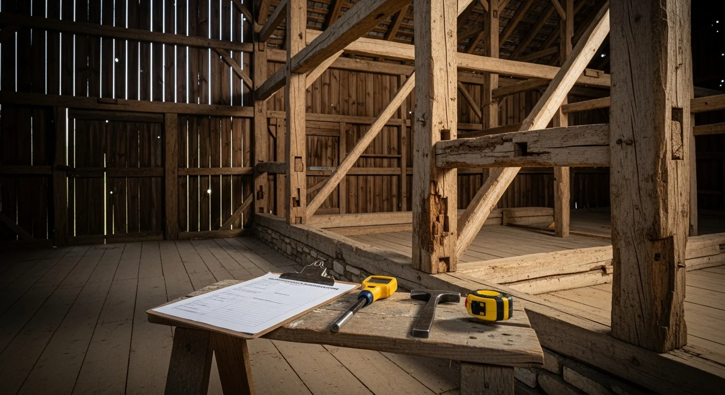 A restored timber frame barn in Williamson County, TN showing hand-hewn beams and repaired mortise-and-tenon joints with original wood grain intact. The structure stands plumb with visible historic craftsmanship preserved by Backyard Boys Construction.
